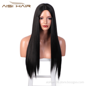 Aisi Hair Top Quality Long Silky Straight Wave Natural Black Wig Heat Resistant Synthetic Fiber Wigs For White Black Women